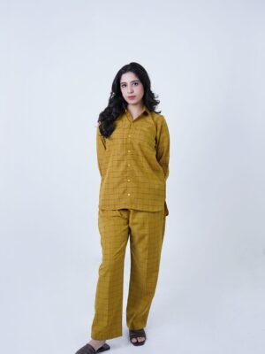 Mustard LUXURY cotton check printed co-ord sets for women