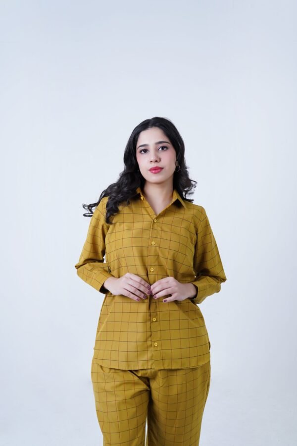 Mustard LUXURY cotton check printed co-ord sets for women