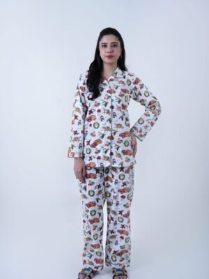 White Winter Cotton Chill Printed PJ Set for Women