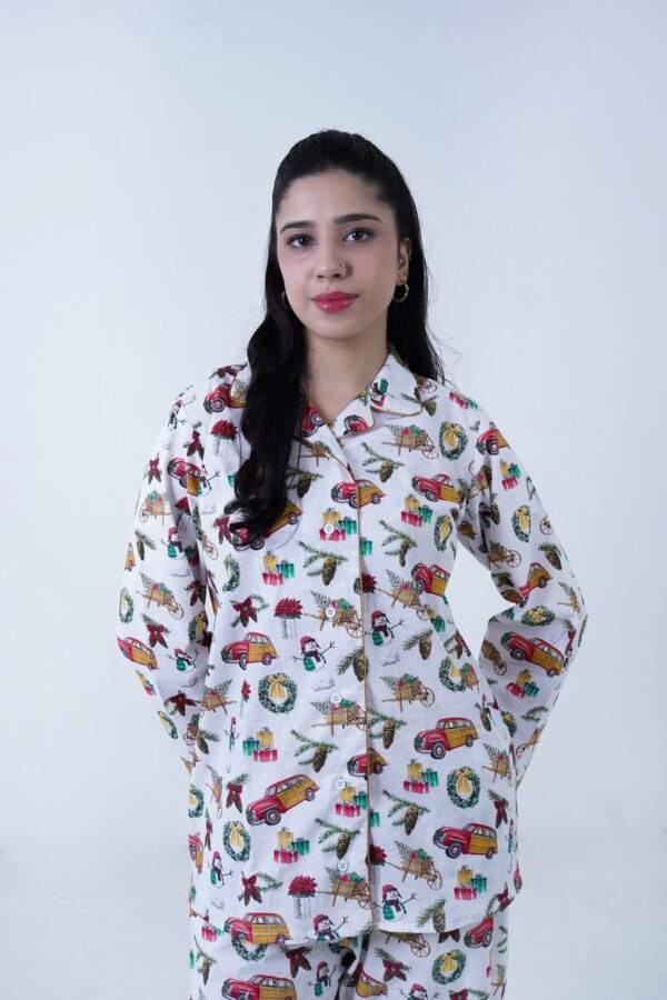 White Winter Cotton Chill Printed PJ Set for Women