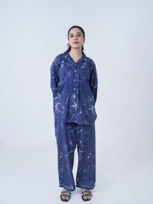 Blue Cotton Dolphin Printed PJ Set for Women