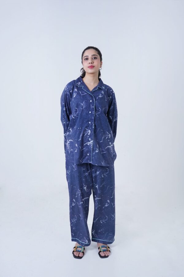 Blue Cotton Dolphin Printed PJ Set for Women