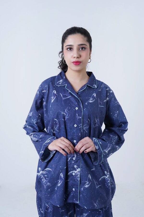 Blue Cotton Dolphin Printed PJ Set for Women