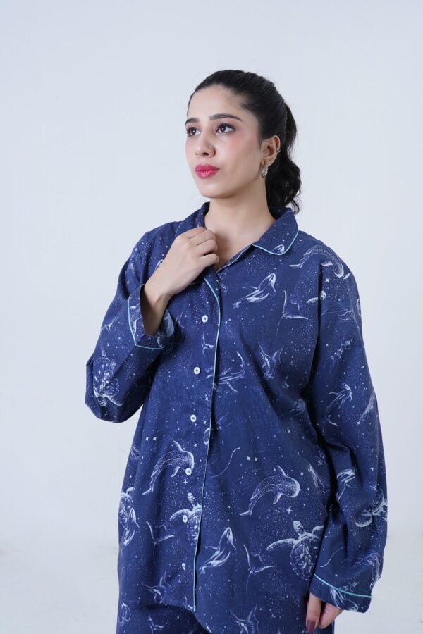 Blue Cotton Dolphin Printed PJ Set for Women