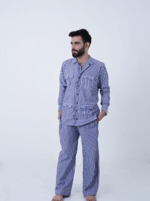 blue luxury cotton stripe printed pj set for men