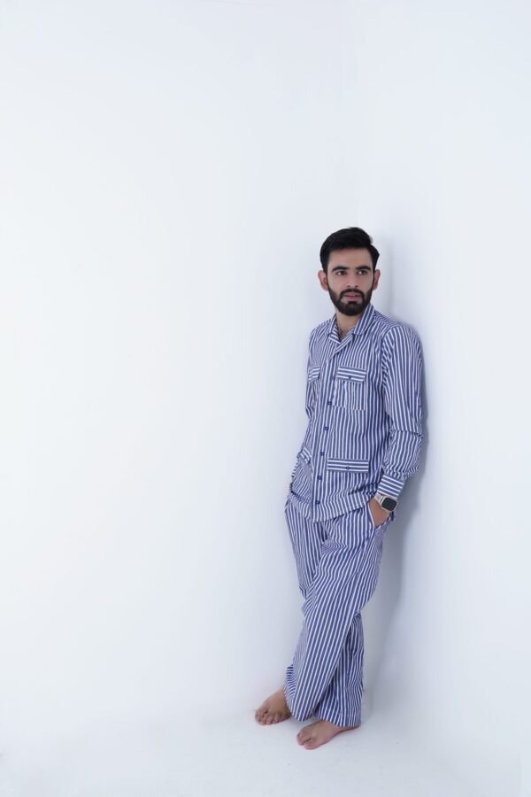 blue luxury cotton stripe printed pj set for men