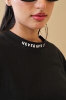 Unisex Drop Shoulder Never Give-up T-Shirt 100% Cotton, Black