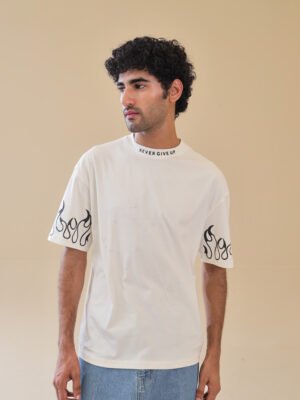 Unisex Drop Shoulder Never Give-up T-Shirt 100% Cotton, White