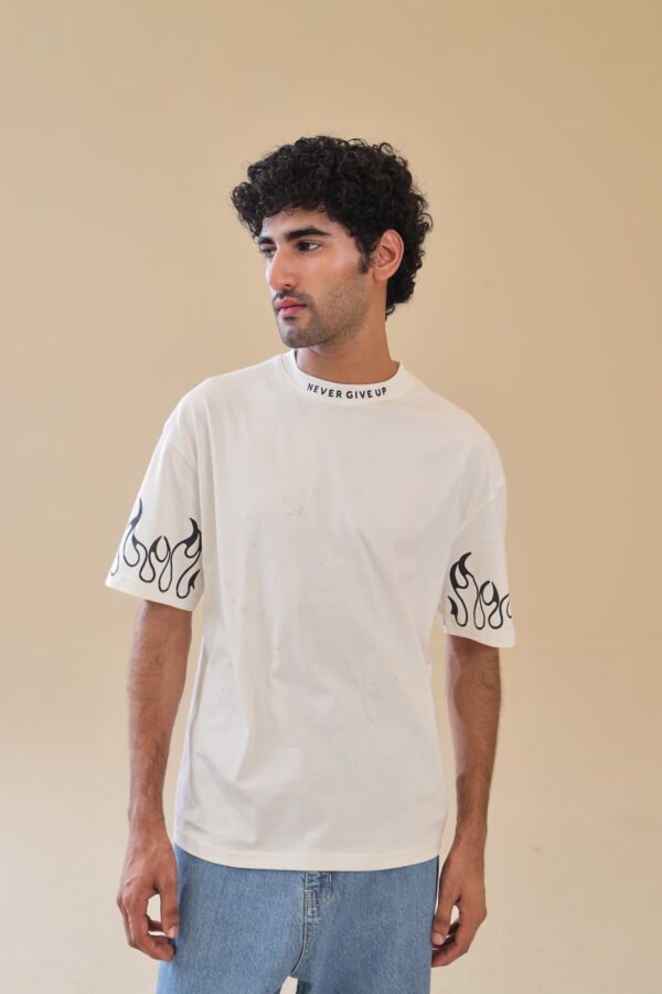 Unisex Drop Shoulder Never Give-up T-Shirt 100% Cotton, White