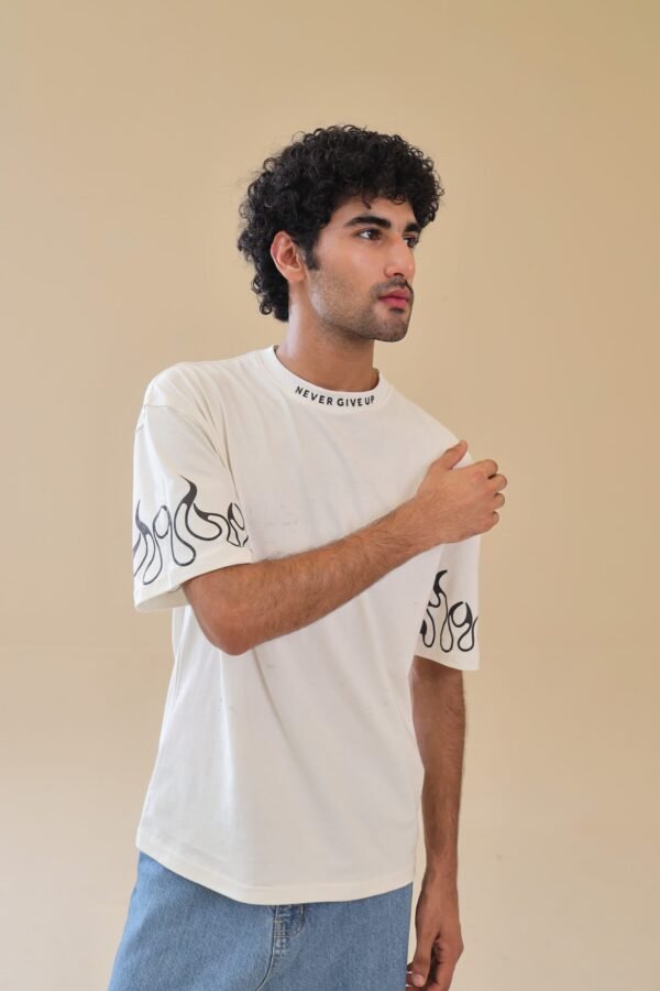 Unisex Drop Shoulder Never Give-up T-Shirt 100% Cotton, White