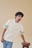 Unisex Drop Shoulder Never Give-up T-Shirt 100% Cotton, White