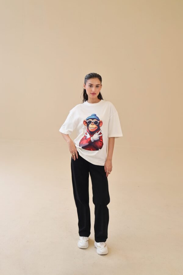 Unisex Drop Shoulder Monkey T-Shirt 100% Cotton, White