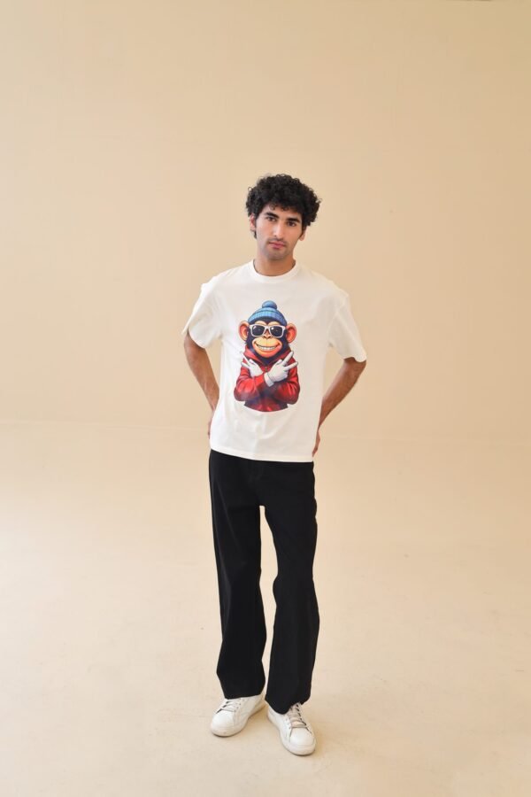 Unisex Drop Shoulder Monkey T-Shirt 100% Cotton, White