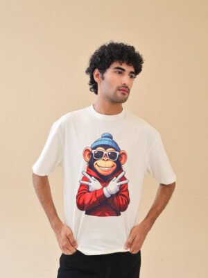 Unisex Drop Shoulder Monkey T-Shirt 100% Cotton, White