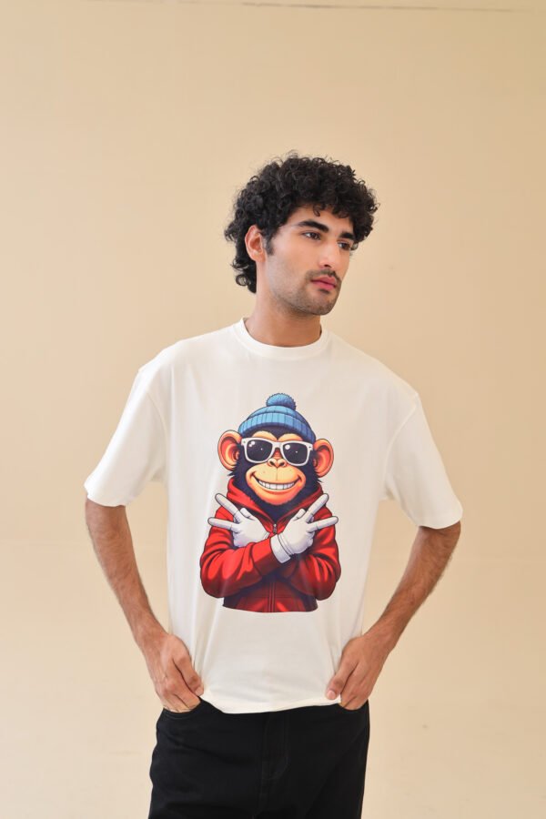 Unisex Drop Shoulder Monkey T-Shirt 100% Cotton, White