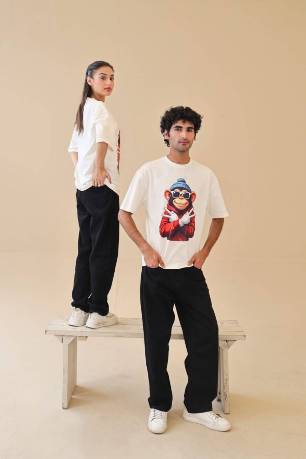 Unisex Drop Shoulder Monkey T-Shirt 100% Cotton, White