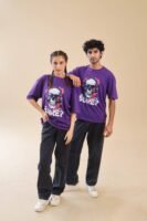 Unisex Drop Shoulder Graphic Skull T-Shirt 100% Cotton, Purple