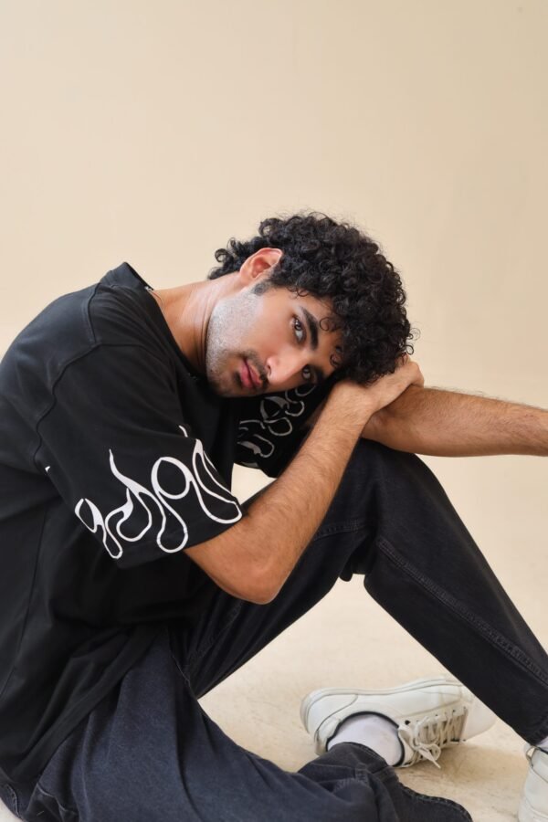 Unisex Drop Shoulder Never Give-up T-Shirt 100% Cotton, Black