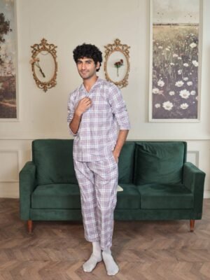 Lite Purple Cambric White Check Printed PJ Set for men