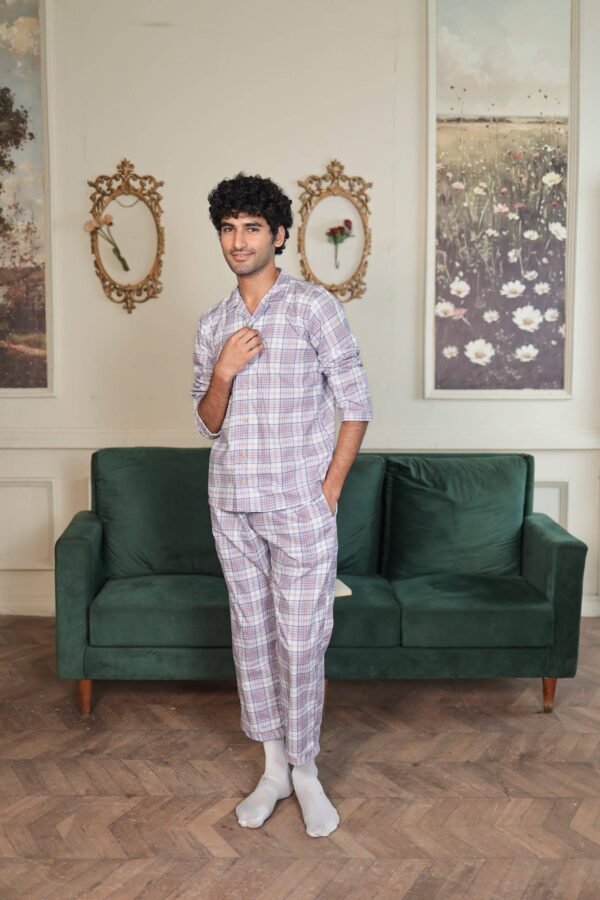 Lite Purple Cambric White Check Printed PJ Set for men