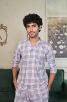 Lite Purple Cambric White Check Printed PJ Set for men