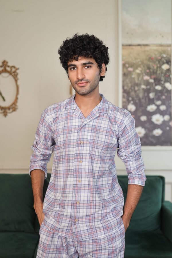 Lite Purple Cambric White Check Printed PJ Set for men