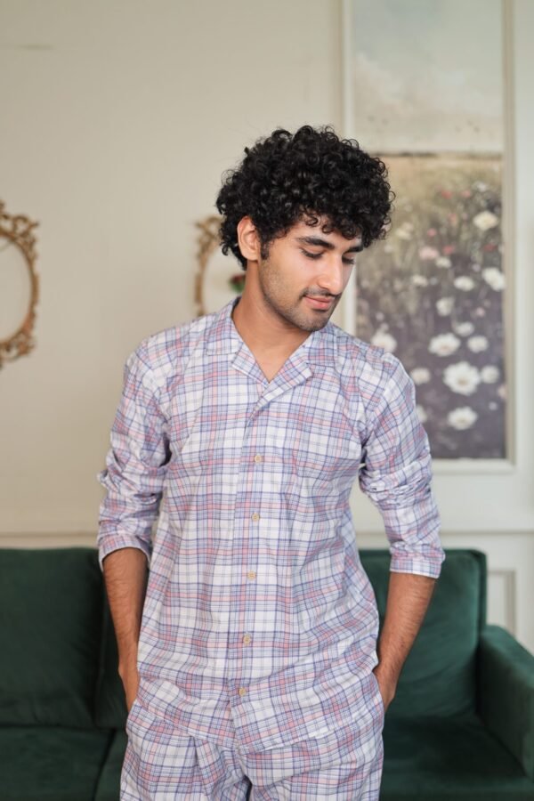 Lite Purple Cambric White Check Printed PJ Set for men