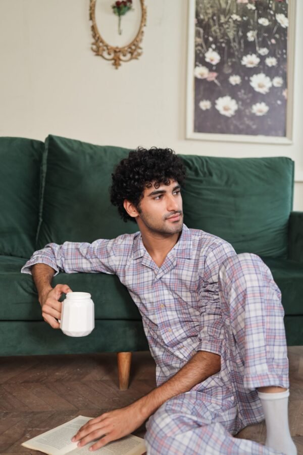 Lite Purple Cambric White Check Printed PJ Set for men