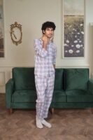 Lite Purple Cambric White Check Printed PJ Set for men