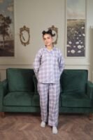Lite Purple Cambric White Check Printed PJ Set for Women