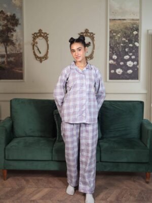 Lite Purple Cambric White Check Printed PJ Set for Women