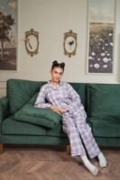 Lite Purple Cambric White Check Printed PJ Set for Women