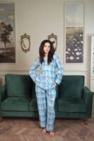 Lite blue Block Check Cambric Printed PJ Set for Women