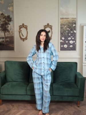 Lite blue Block Check Cambric Printed PJ Set for Women