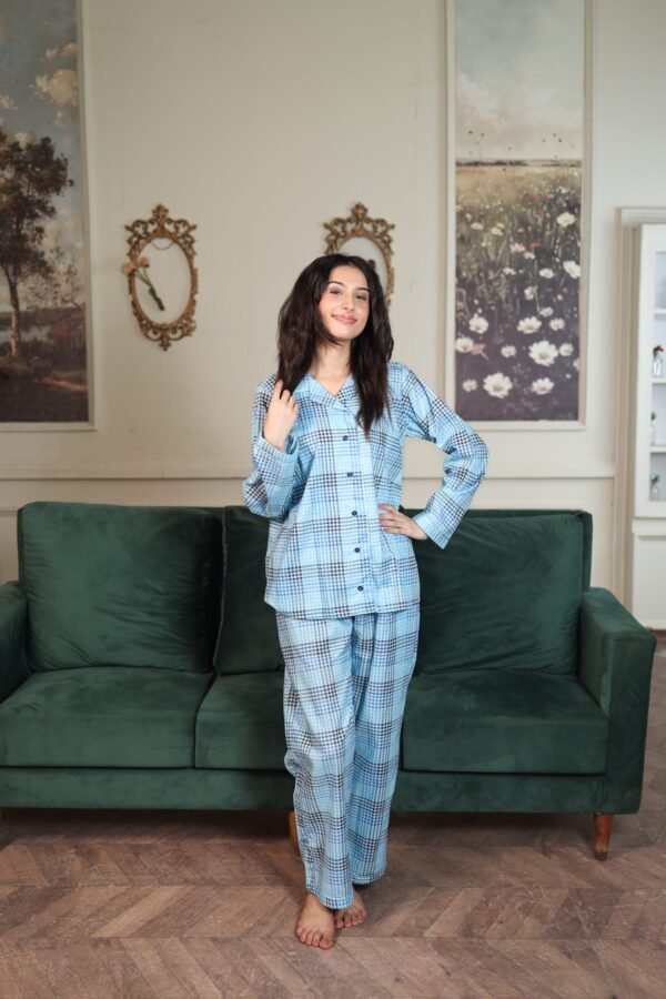Lite blue Block Check Cambric Printed PJ Set for Women