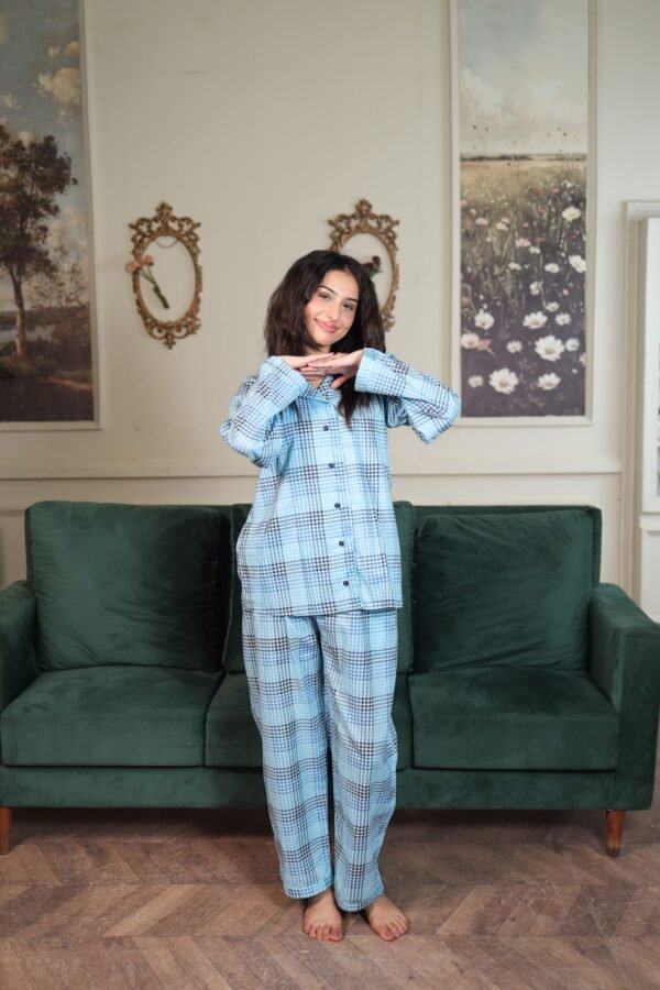 Lite blue Block Check Cambric Printed PJ Set for Women
