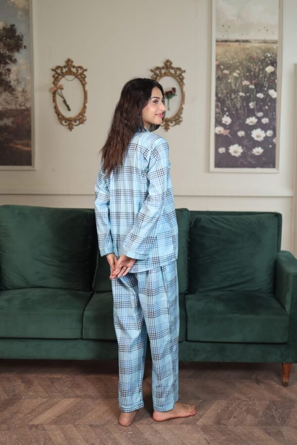 Lite blue Block Check Cambric Printed PJ Set for Women