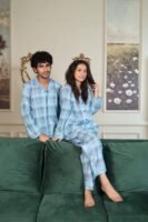 Lite blue Cambric Block Check Printed PJ Set for Couple