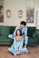 Lite blue Cambric Block Check Printed PJ Set for Couple