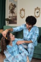 Lite blue Cambric Block Check Printed PJ Set for Couple