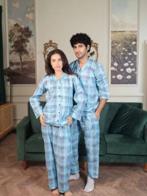 Lite blue Cambric Block Check Printed PJ Set for Couple
