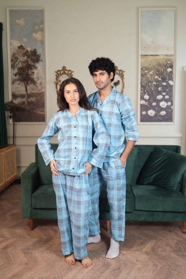 Lite blue Cambric Block Check Printed PJ Set for Couple