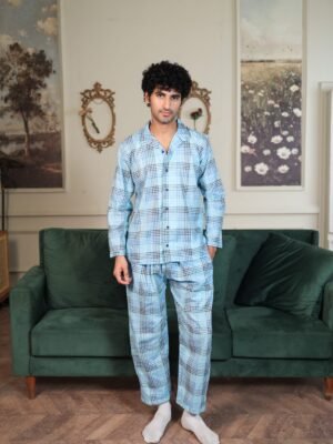 Lite blue Cambric Block Check Printed PJ Set for men