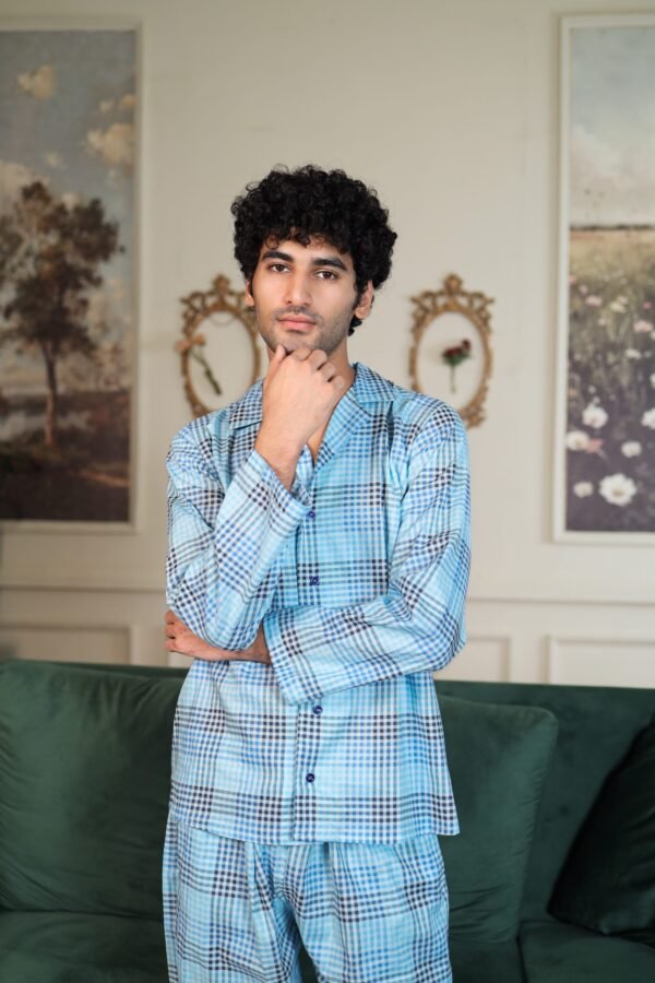 Lite blue Cambric Block Check Printed PJ Set for men