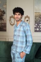 Lite blue Cambric Block Check Printed PJ Set for men