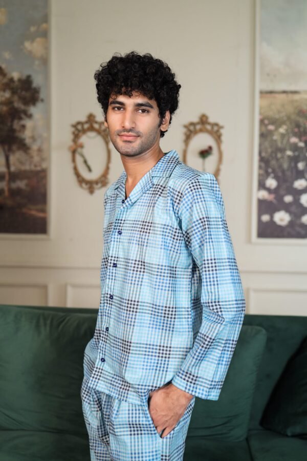 Lite blue Cambric Block Check Printed PJ Set for men