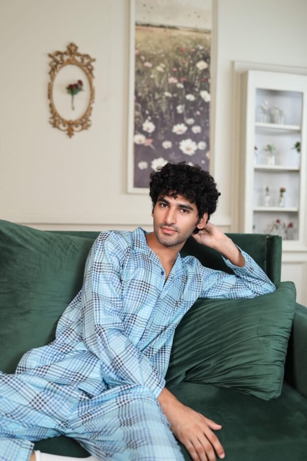 Lite blue Cambric Block Check Printed PJ Set for men