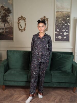 Black Cambric Bloom Printed PJ Set for Women
