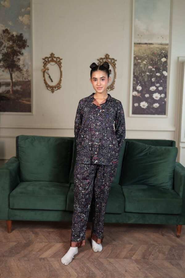 Black Cambric Bloom Printed PJ Set for Women