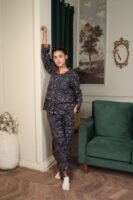 Black Cambric Bloom Printed PJ Set for Women